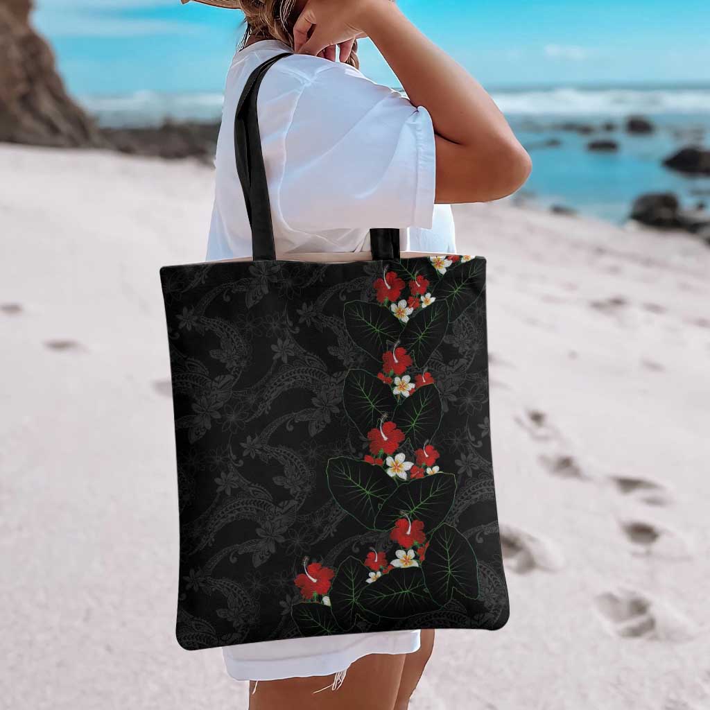 Hawaiian Taro Leaves-Hibiscus and Plumeria Tote Bag Floral Tribal Tattoo Motif