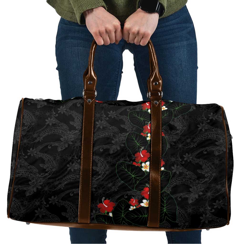 Hawaiian Taro Leaves-Hibiscus and Plumeria Travel Bag Floral Tribal Tattoo Motif