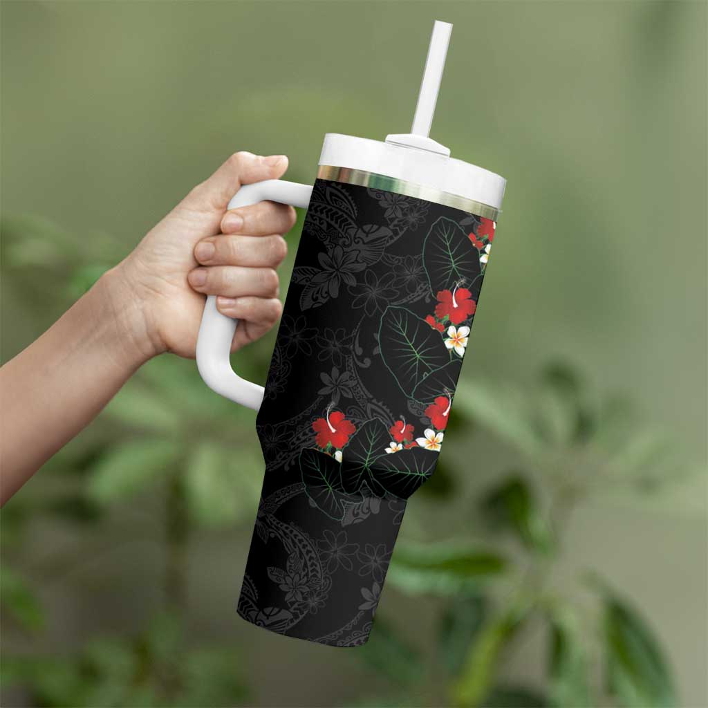 Hawaiian Taro Leaves-Hibiscus and Plumeria Tumbler With Handle Floral Tribal Tattoo Motif