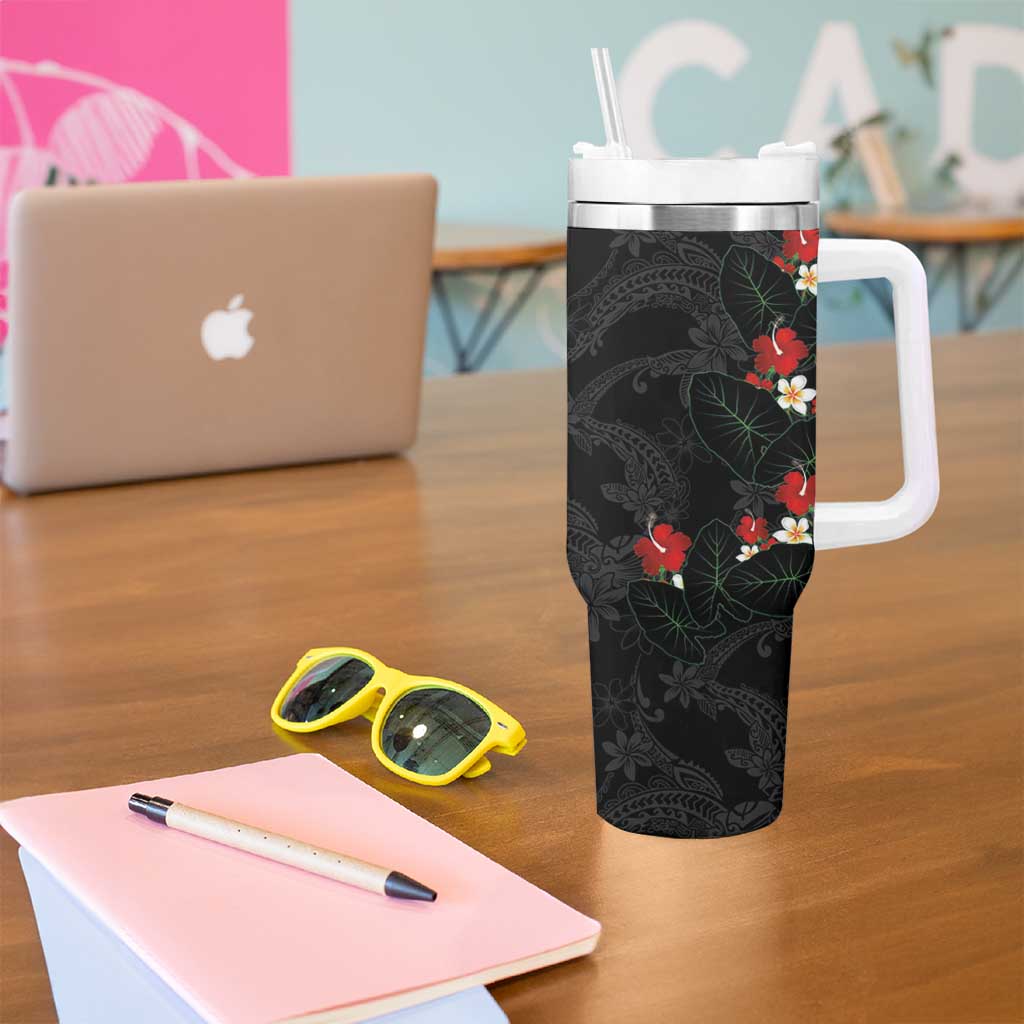 Hawaiian Taro Leaves-Hibiscus and Plumeria Tumbler With Handle Floral Tribal Tattoo Motif