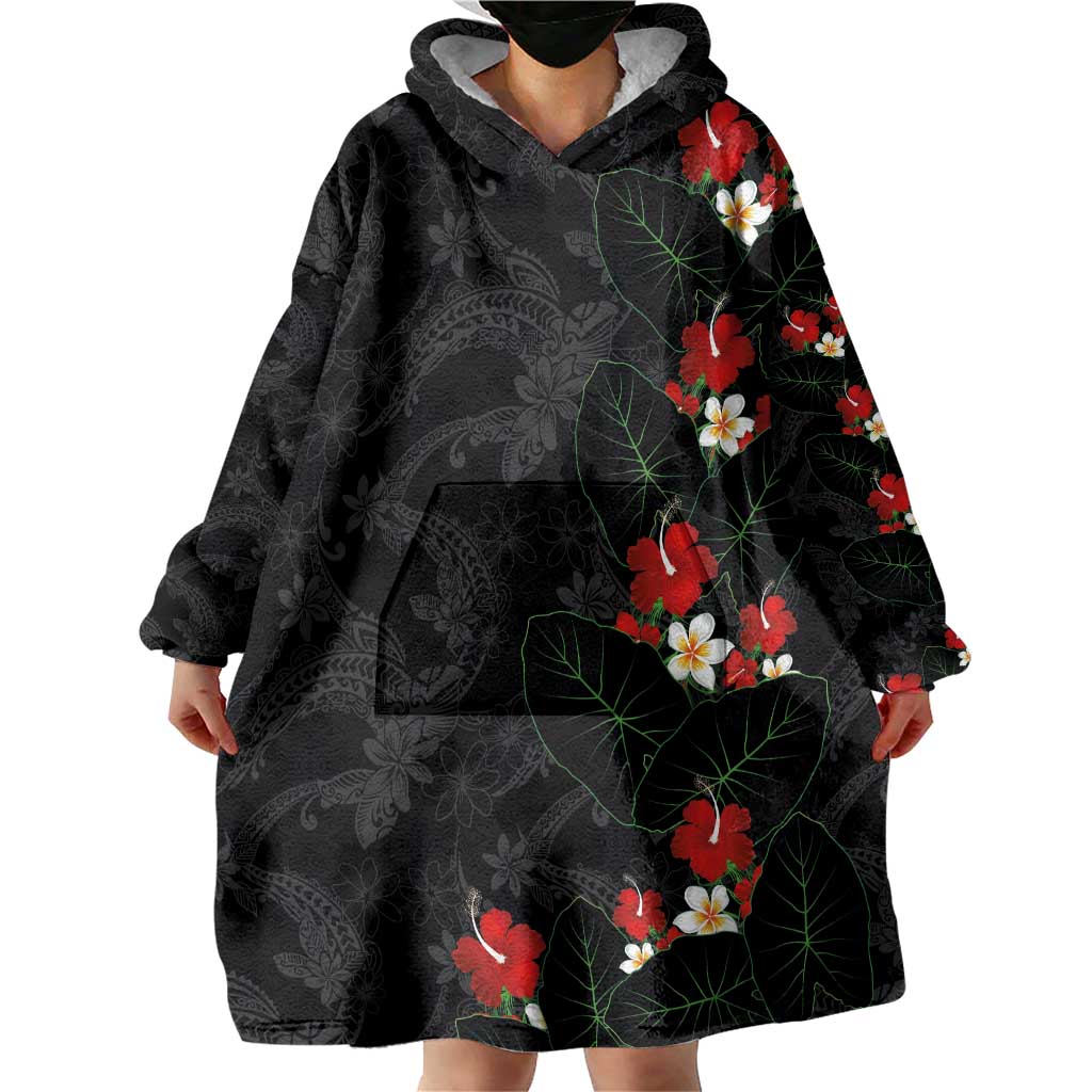Hawaiian Taro Leaves-Hibiscus and Plumeria Wearable Blanket Hoodie Floral Tribal Tattoo Motif