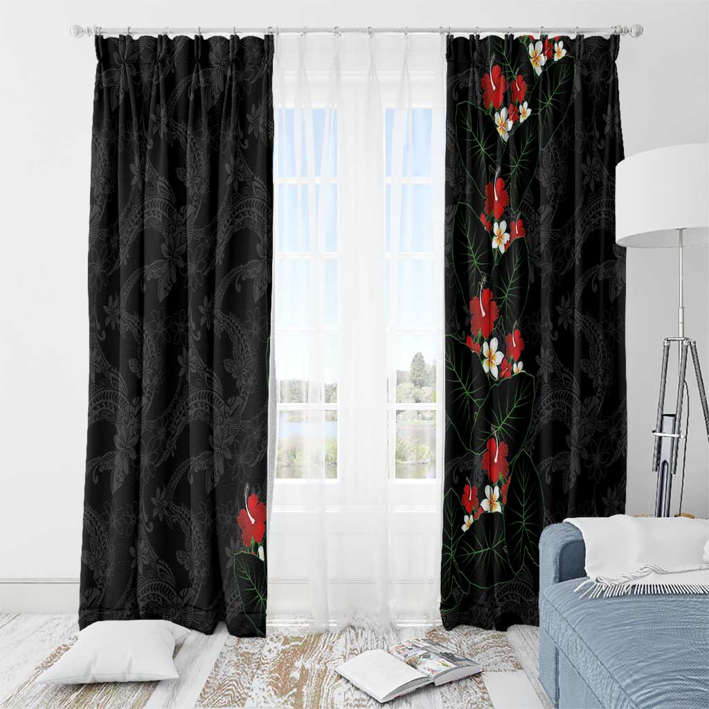 Hawaiian Taro Leaves-Hibiscus and Plumeria Window Curtain Floral Tribal Tattoo Motif