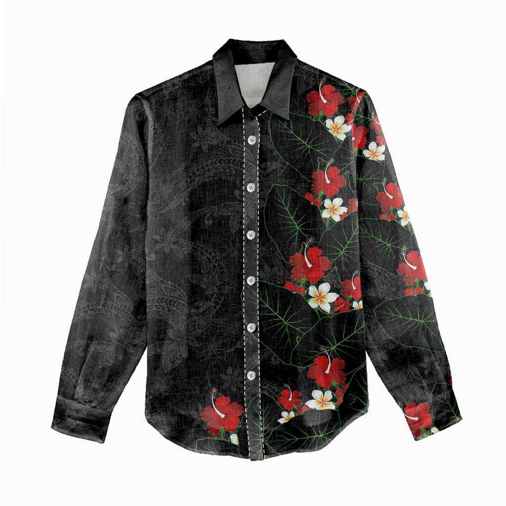 Hawaiian Taro Leaves-Hibiscus and Plumeria Women Casual Shirt Floral Tribal Tattoo Motif
