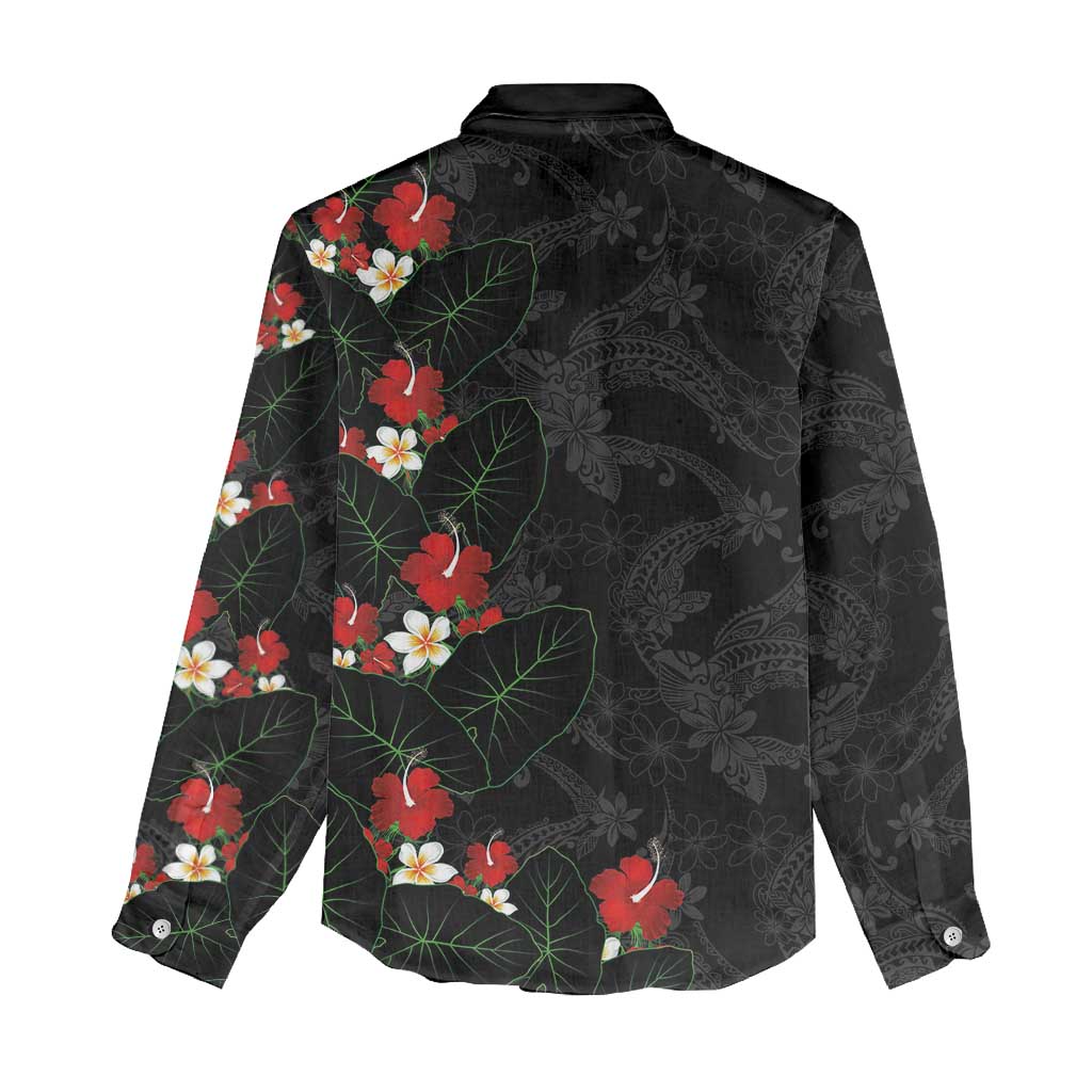 Hawaiian Taro Leaves-Hibiscus and Plumeria Women Casual Shirt Floral Tribal Tattoo Motif