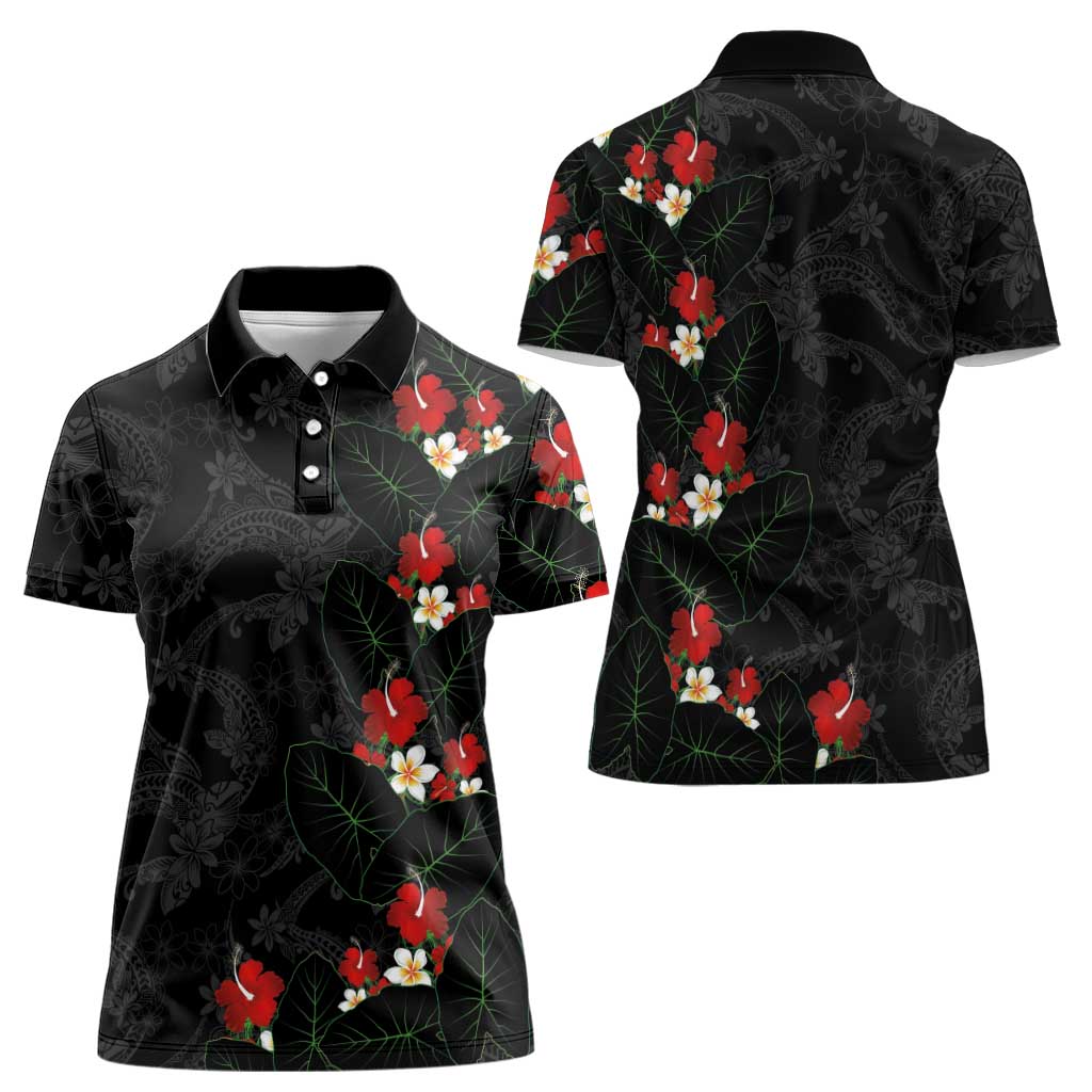 Hawaiian Taro Leaves-Hibiscus and Plumeria Women Polo Shirt Floral Tribal Tattoo Motif