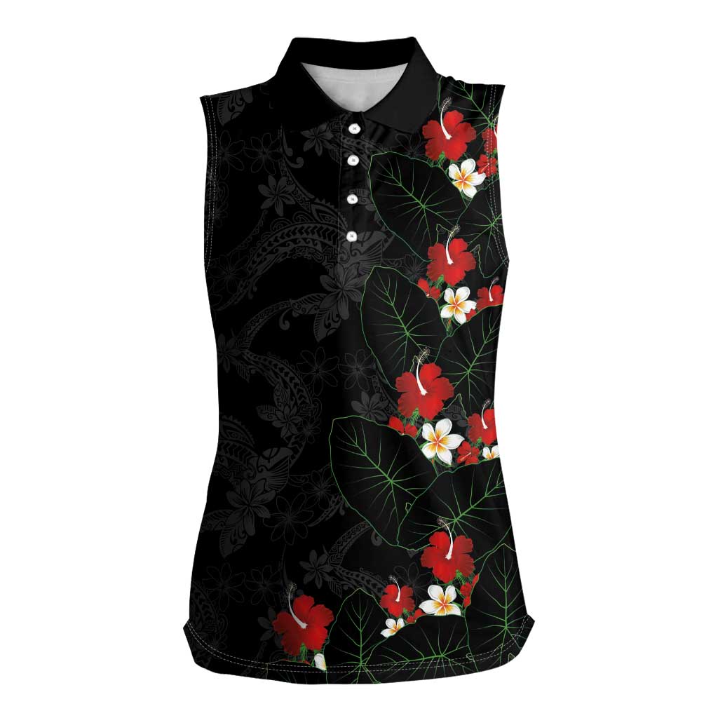Hawaiian Taro Leaves-Hibiscus and Plumeria Women Sleeveless Polo Shirt Floral Tribal Tattoo Motif