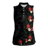 Hawaiian Taro Leaves-Hibiscus and Plumeria Women Sleeveless Polo Shirt Floral Tribal Tattoo Motif
