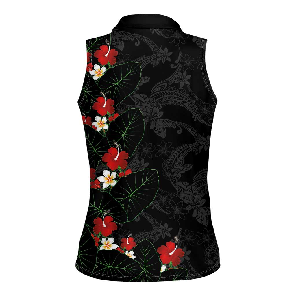 Hawaiian Taro Leaves-Hibiscus and Plumeria Women Sleeveless Polo Shirt Floral Tribal Tattoo Motif