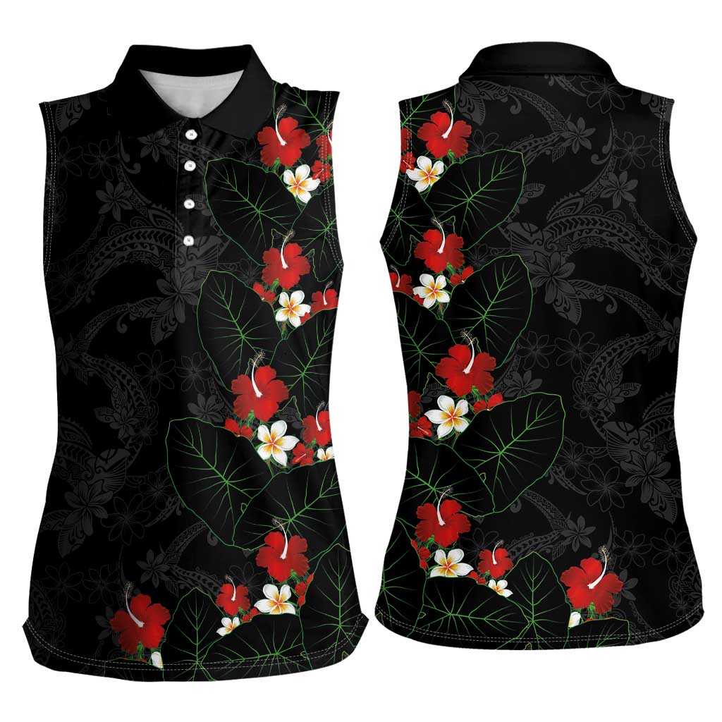 Hawaiian Taro Leaves-Hibiscus and Plumeria Women Sleeveless Polo Shirt Floral Tribal Tattoo Motif