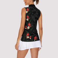 Hawaiian Taro Leaves-Hibiscus and Plumeria Women Sleeveless Polo Shirt Floral Tribal Tattoo Motif