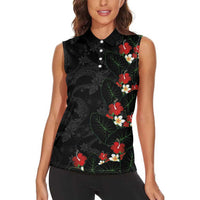Hawaiian Taro Leaves-Hibiscus and Plumeria Women Sleeveless Polo Shirt Floral Tribal Tattoo Motif
