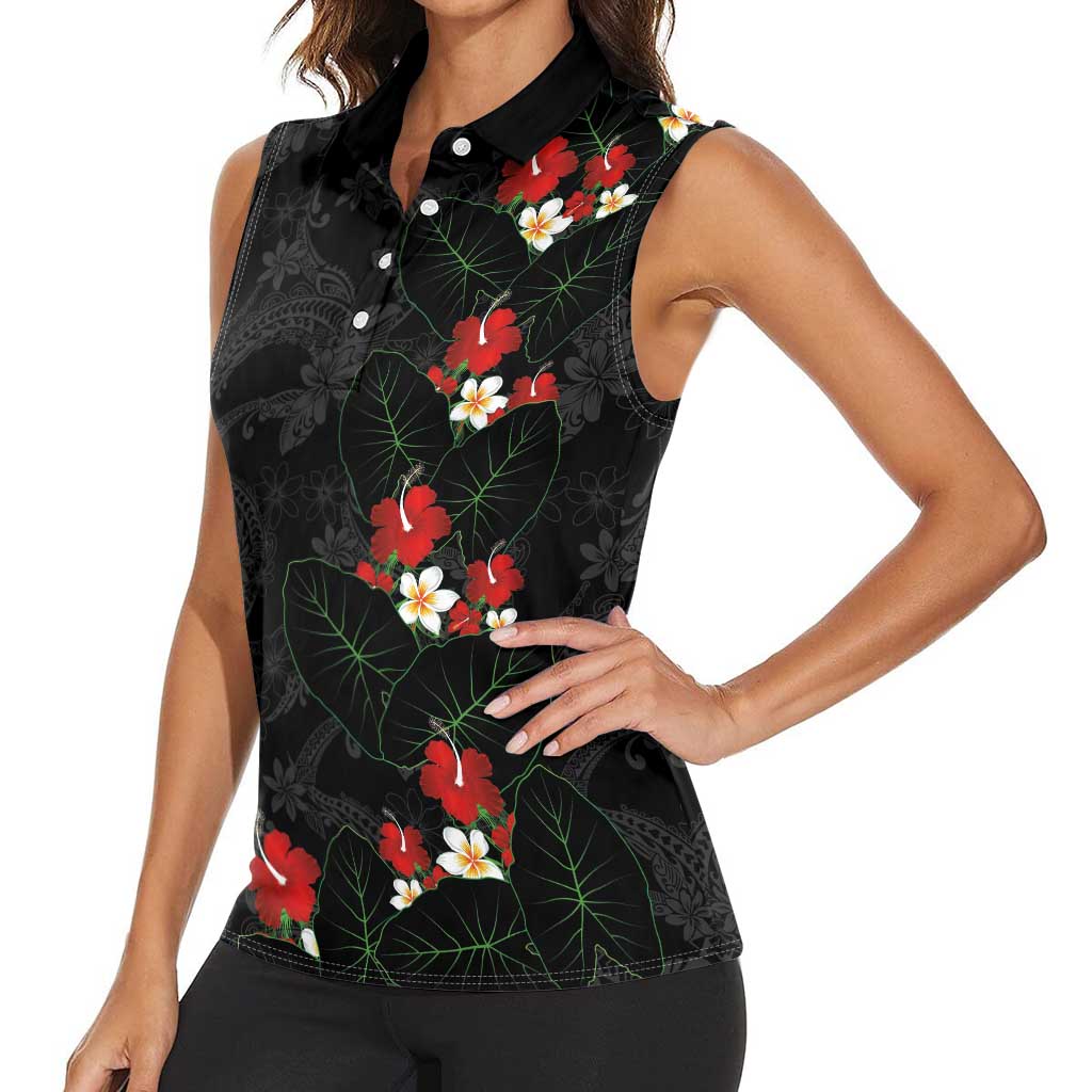 Hawaiian Taro Leaves-Hibiscus and Plumeria Women Sleeveless Polo Shirt Floral Tribal Tattoo Motif