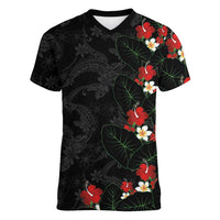 Hawaiian Taro Leaves-Hibiscus and Plumeria Women V-Neck T-Shirt Floral Tribal Tattoo Motif