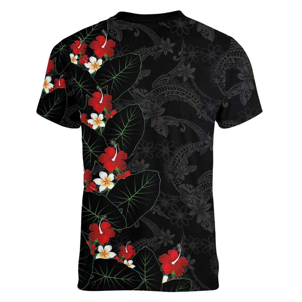 Hawaiian Taro Leaves-Hibiscus and Plumeria Women V-Neck T-Shirt Floral Tribal Tattoo Motif