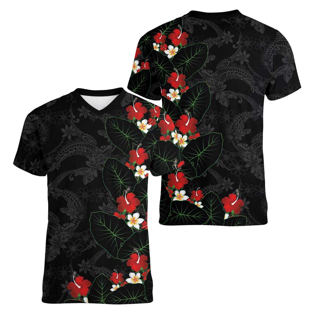 Hawaiian Taro Leaves-Hibiscus and Plumeria Women V-Neck T-Shirt Floral Tribal Tattoo Motif