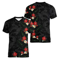 Hawaiian Taro Leaves-Hibiscus and Plumeria Women V-Neck T-Shirt Floral Tribal Tattoo Motif