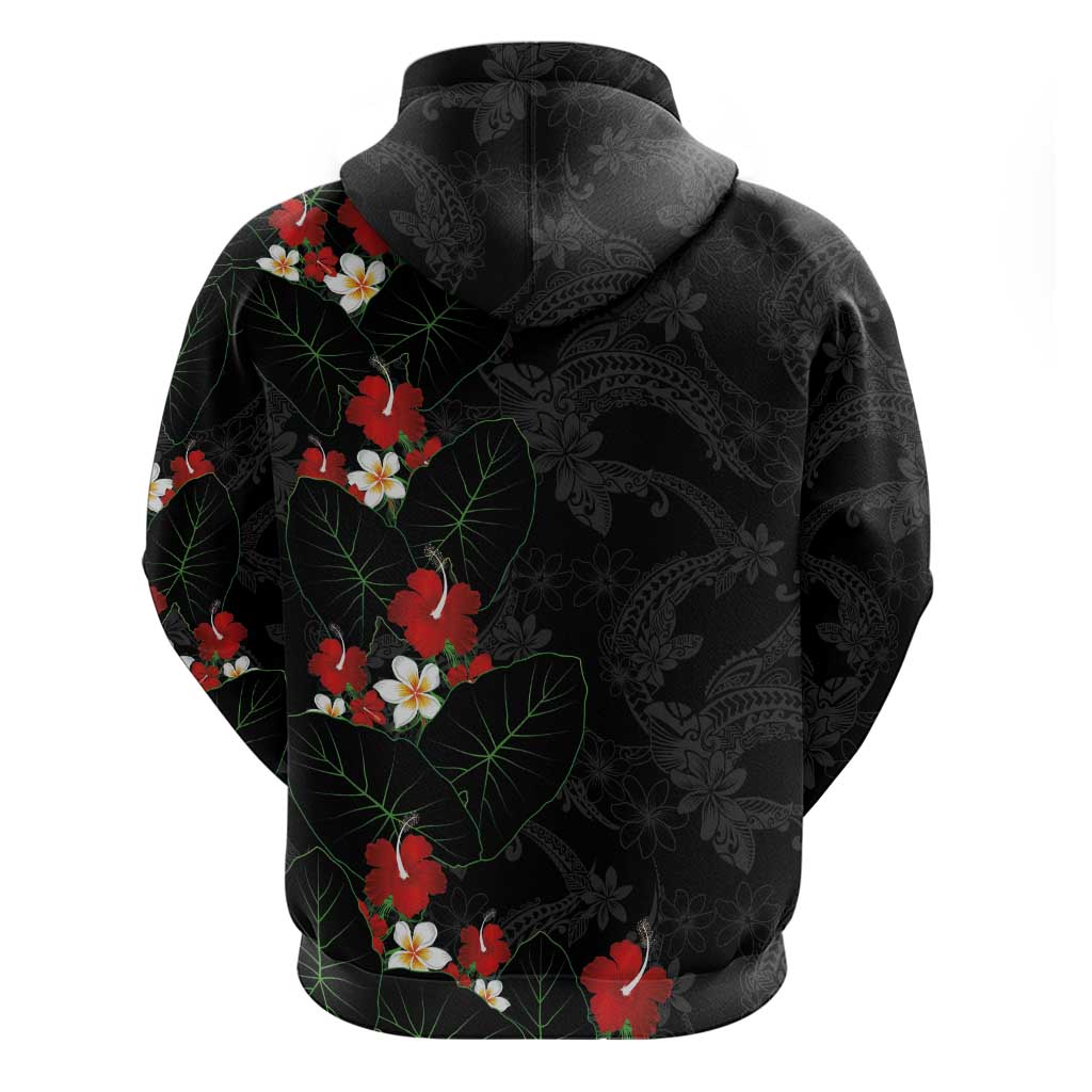 Hawaiian Taro Leaves-Hibiscus and Plumeria Zip Hoodie Floral Tribal Tattoo Motif