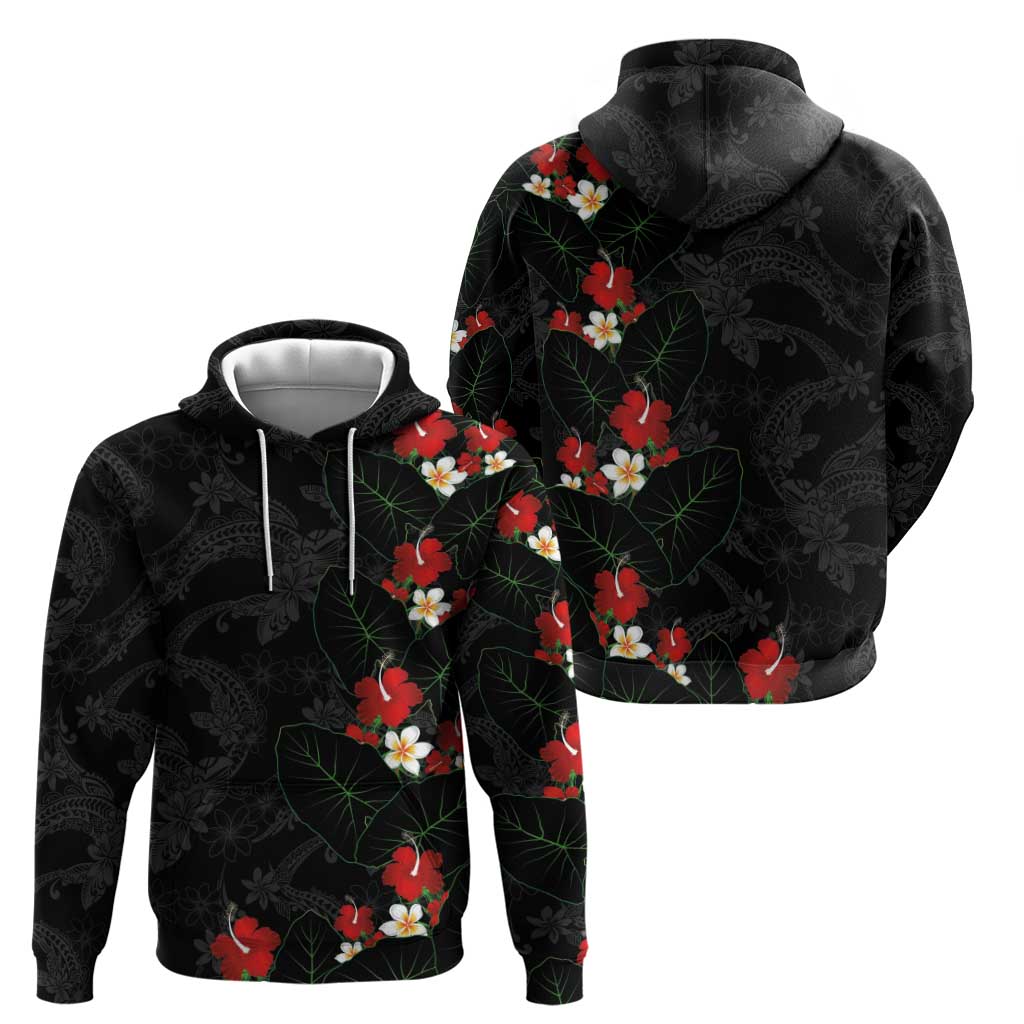 Hawaiian Taro Leaves-Hibiscus and Plumeria Zip Hoodie Floral Tribal Tattoo Motif
