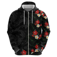 Hawaiian Taro Leaves-Hibiscus and Plumeria Zip Hoodie Floral Tribal Tattoo Motif