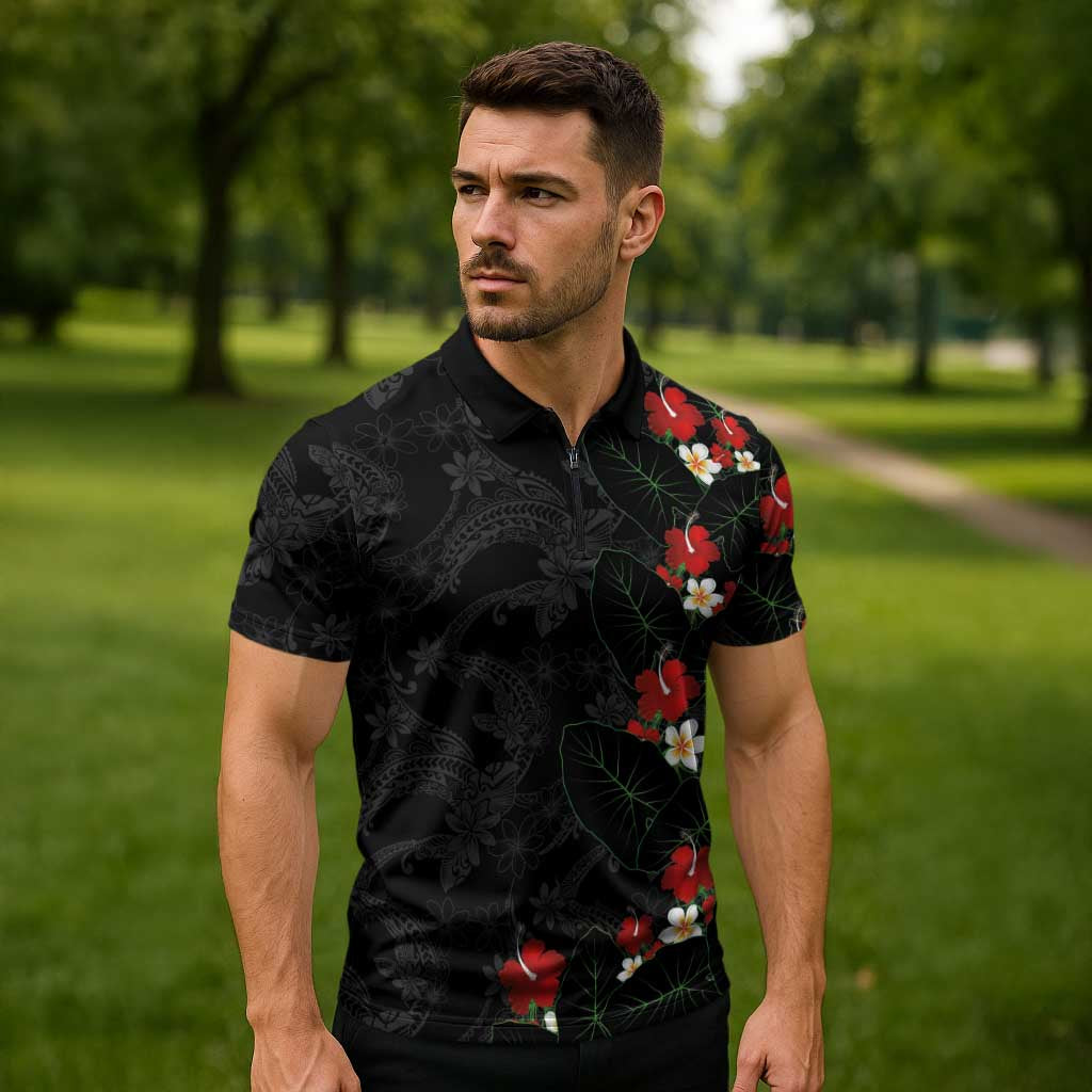 Hawaiian Taro Leaves-Hibiscus and Plumeria Zipper Polo Shirt Floral Tribal Tattoo Motif