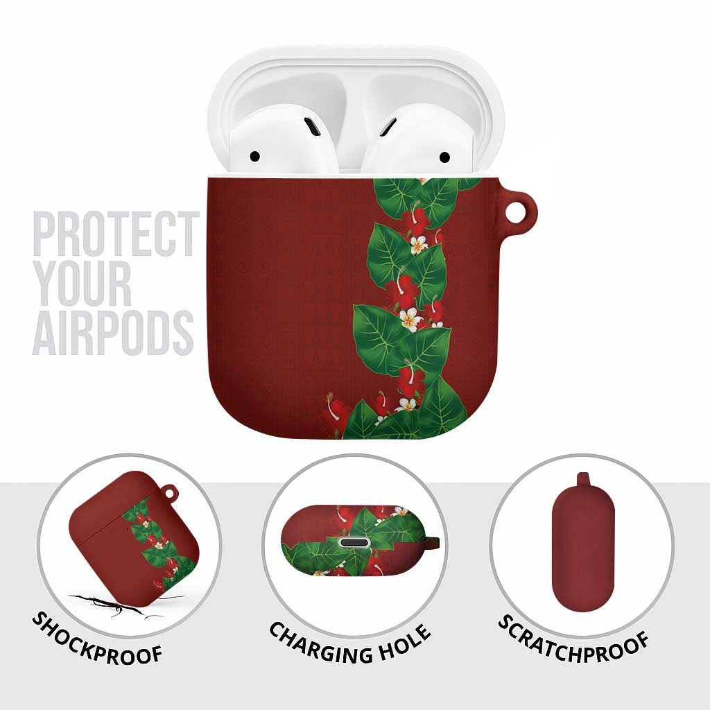 Hawaiian Taro Leaves-Hibiscus and Plumeria AirPods Case Polynesian Art-Kakau Tattoo Red
