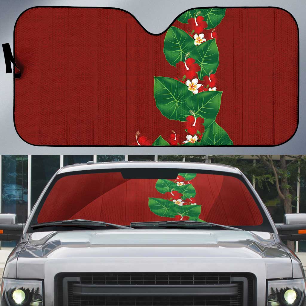 Hawaiian Taro Leaves-Hibiscus and Plumeria Auto Sun Shade Polynesian Art-Kakau Tattoo Red