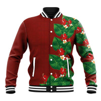 Hawaiian Taro Leaves-Hibiscus and Plumeria Baseball Jacket Polynesian Art-Kakau Tattoo Red