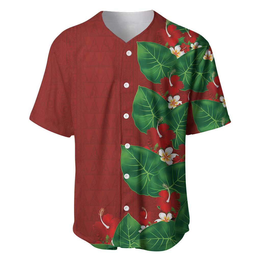 Hawaiian Taro Leaves-Hibiscus and Plumeria Baseball Jersey Polynesian Art-Kakau Tattoo Red LT03 Red - Polynesian Pride