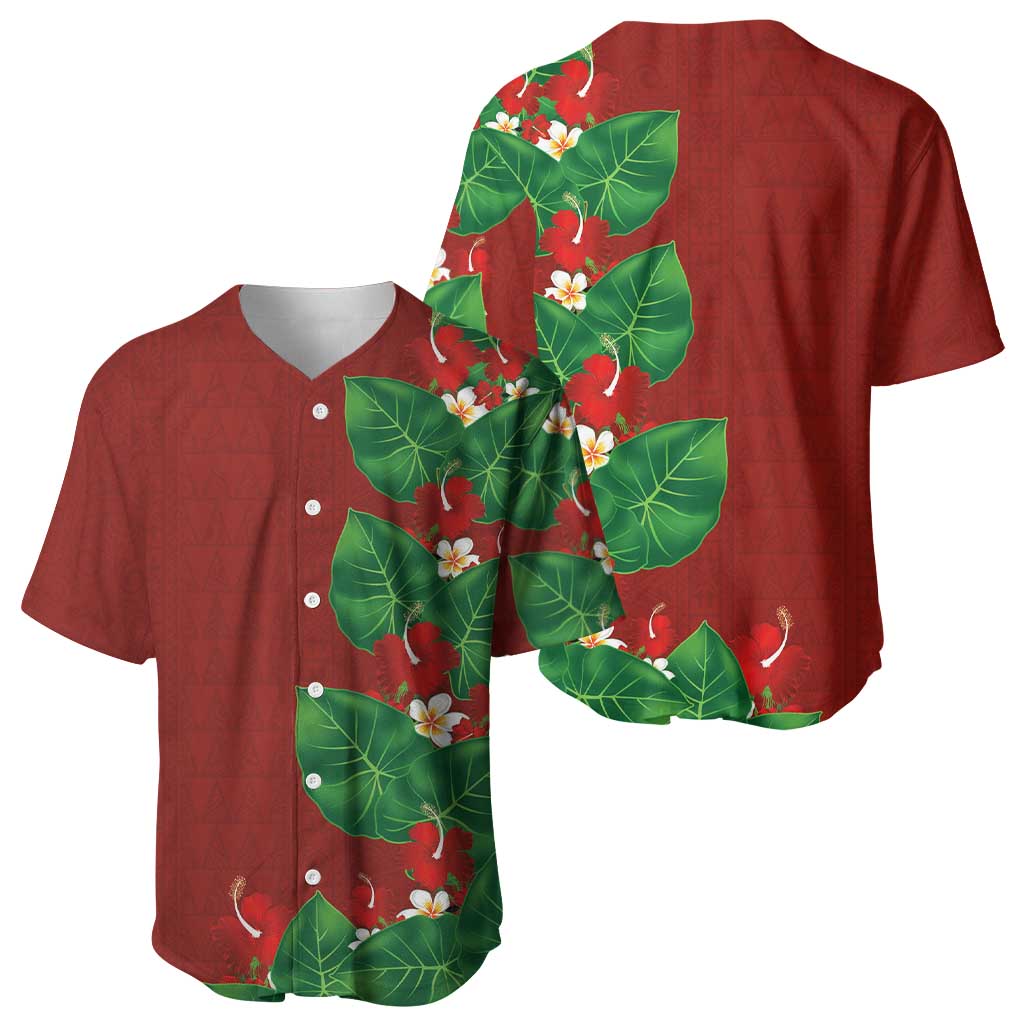 Hawaiian Taro Leaves-Hibiscus and Plumeria Baseball Jersey Polynesian Art-Kakau Tattoo Red LT03 - Polynesian Pride