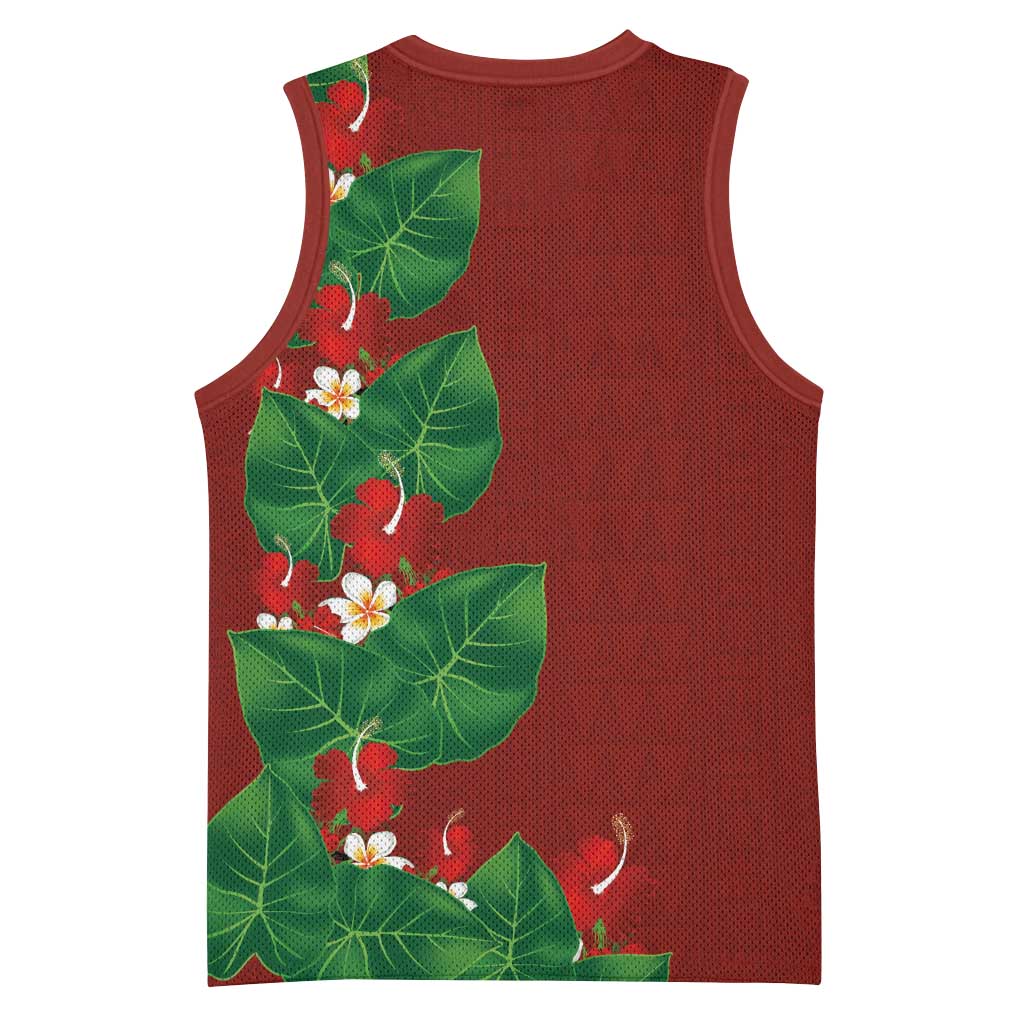 Hawaiian Taro Leaves-Hibiscus and Plumeria Basketball Jersey Polynesian Art-Kakau Tattoo Red