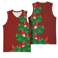 Hawaiian Taro Leaves-Hibiscus and Plumeria Basketball Jersey Polynesian Art-Kakau Tattoo Red