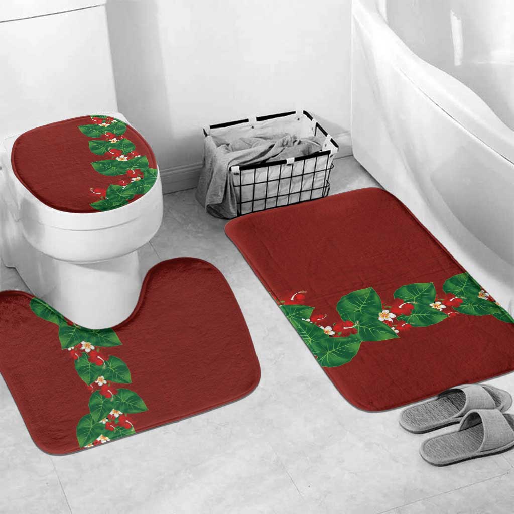 Hawaiian Taro Leaves-Hibiscus and Plumeria Bathroom Set Polynesian Art-Kakau Tattoo Red LT03 Mat Set Only (3 pcs) One Size Red - Polynesian Pride