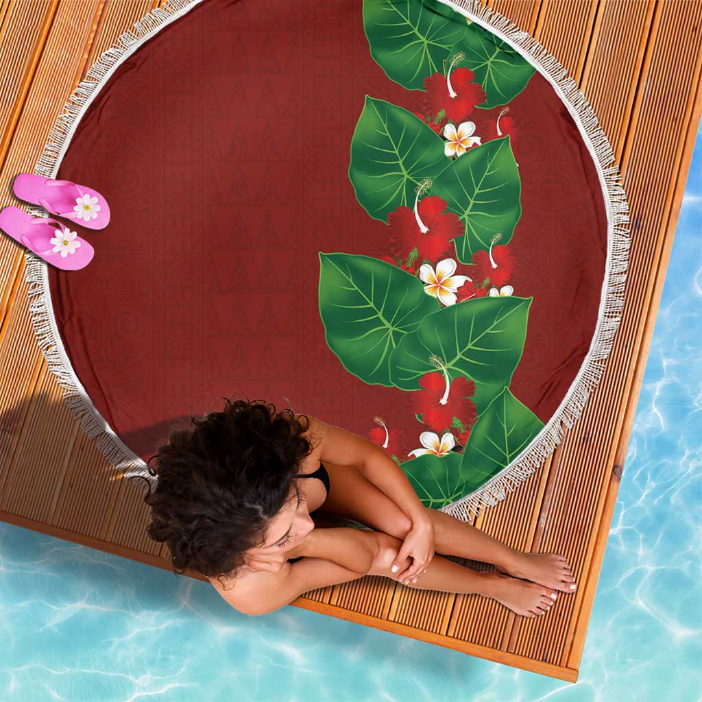 Hawaiian Taro Leaves-Hibiscus and Plumeria Beach Blanket Polynesian Art-Kakau Tattoo Red