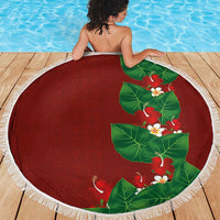 Hawaiian Taro Leaves-Hibiscus and Plumeria Beach Blanket Polynesian Art-Kakau Tattoo Red