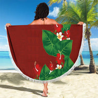 Hawaiian Taro Leaves-Hibiscus and Plumeria Beach Blanket Polynesian Art-Kakau Tattoo Red