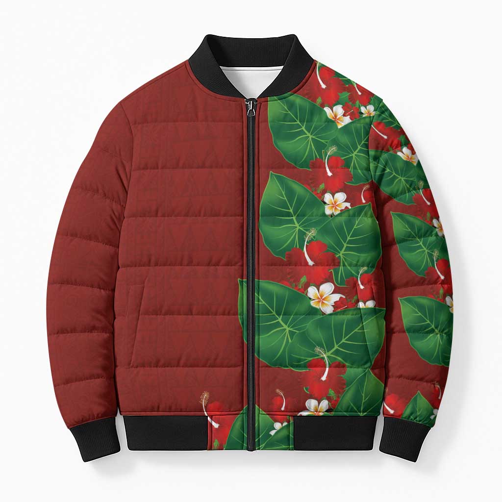 Hawaiian Taro Leaves-Hibiscus and Plumeria Bomber Puffer Jacket Polynesian Art-Kakau Tattoo Red