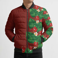 Hawaiian Taro Leaves-Hibiscus and Plumeria Bomber Puffer Jacket Polynesian Art-Kakau Tattoo Red