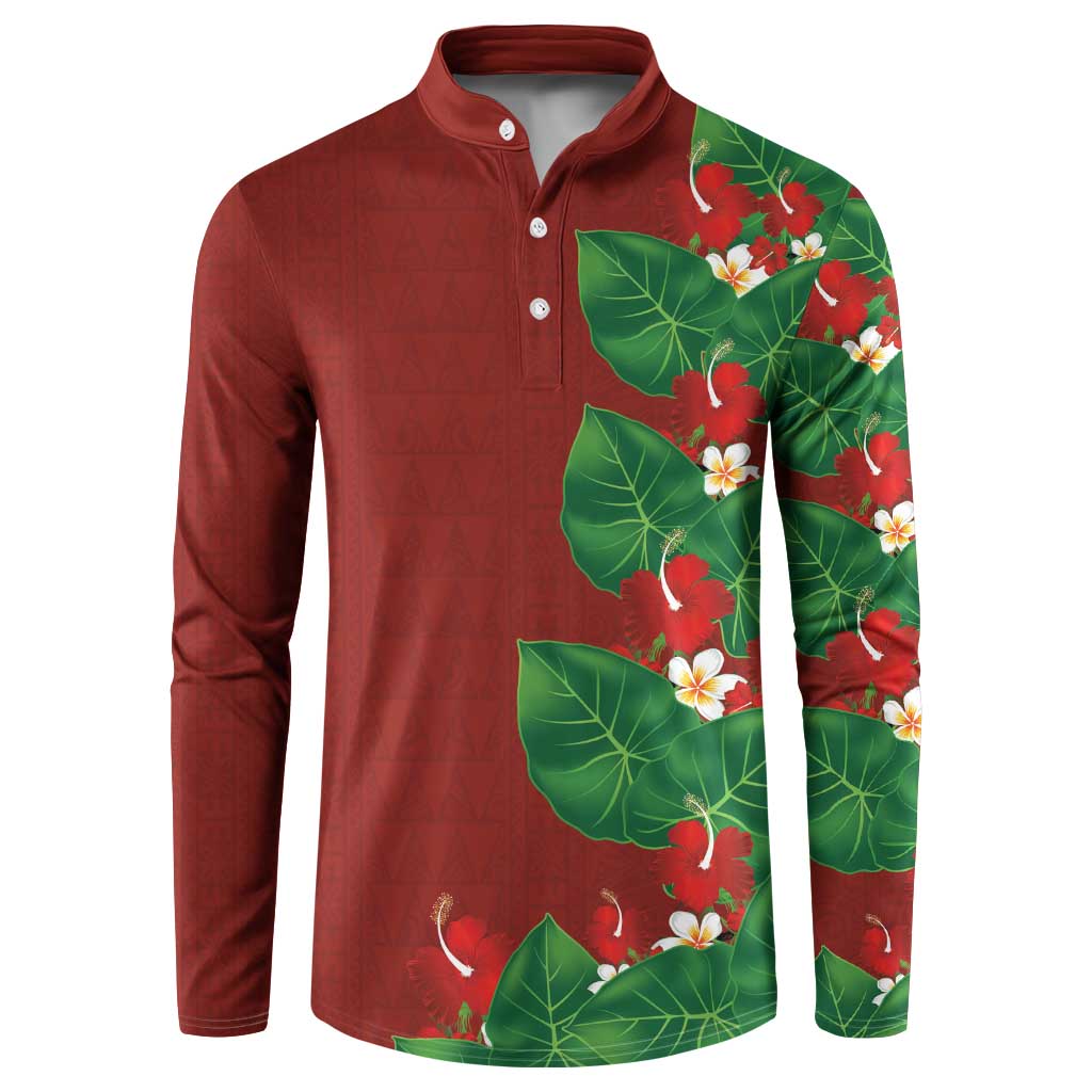 Hawaiian Taro Leaves-Hibiscus and Plumeria Button Sweatshirt Polynesian Art-Kakau Tattoo Red