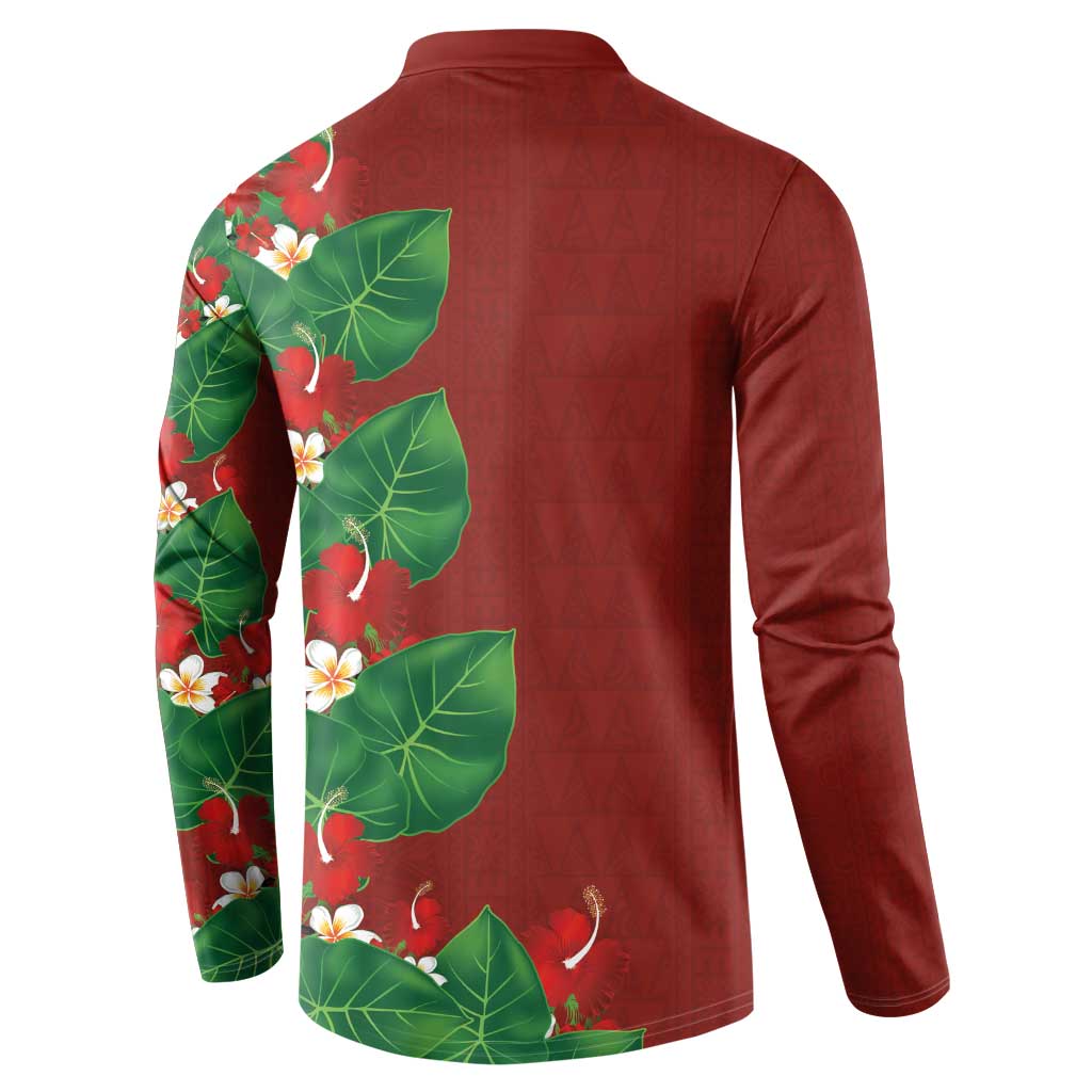 Hawaiian Taro Leaves-Hibiscus and Plumeria Button Sweatshirt Polynesian Art-Kakau Tattoo Red