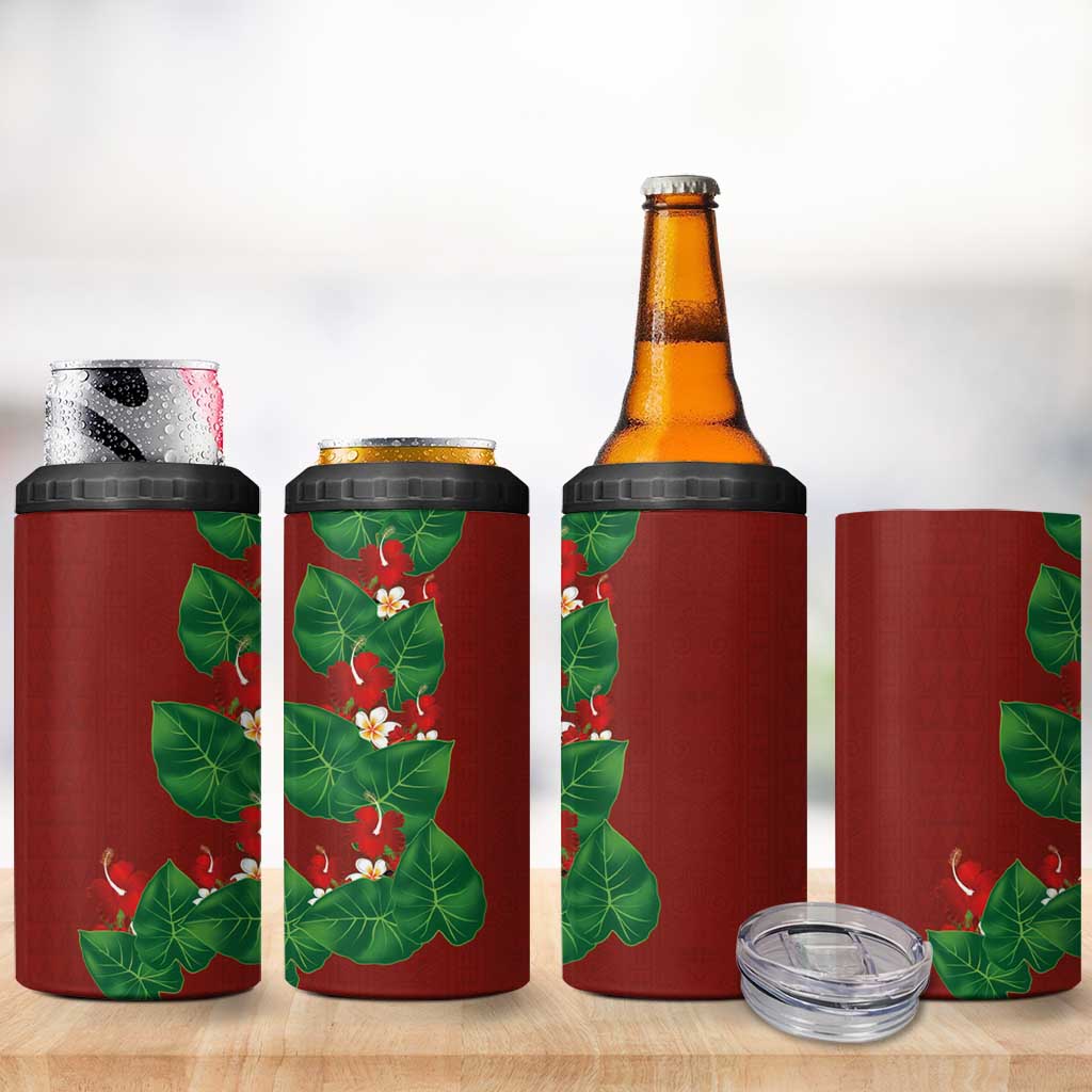Hawaiian Taro Leaves-Hibiscus and Plumeria 4 in 1 Can Cooler Tumbler Polynesian Art-Kakau Tattoo Red