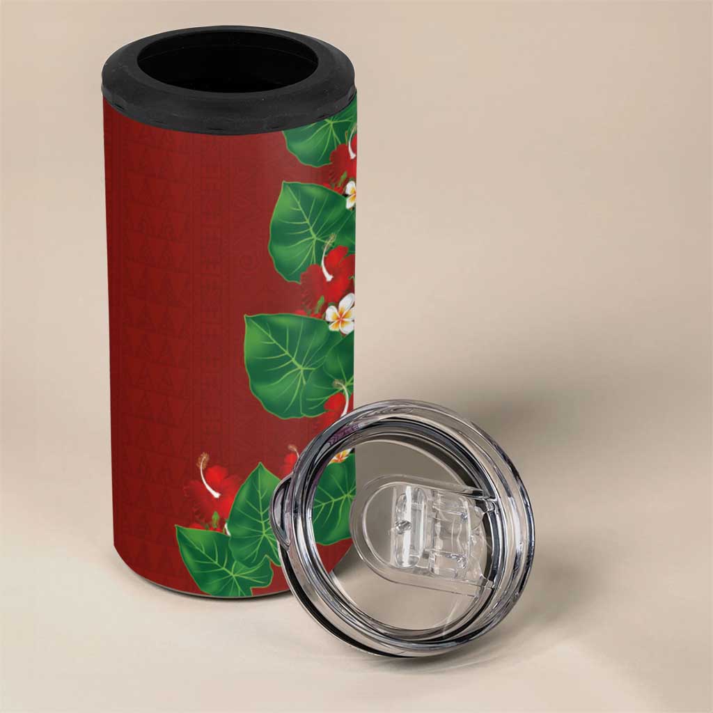 Hawaiian Taro Leaves-Hibiscus and Plumeria 4 in 1 Can Cooler Tumbler Polynesian Art-Kakau Tattoo Red