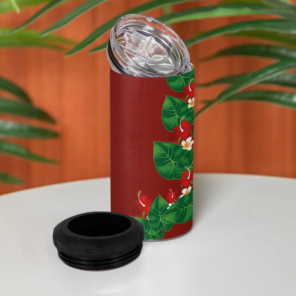 Hawaiian Taro Leaves-Hibiscus and Plumeria 4 in 1 Can Cooler Tumbler Polynesian Art-Kakau Tattoo Red