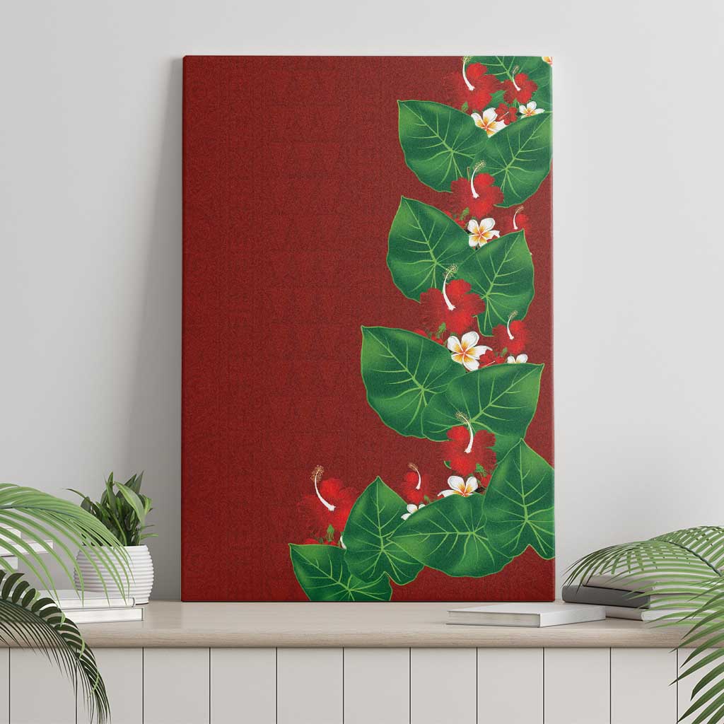 Hawaiian Taro Leaves-Hibiscus and Plumeria Canvas Wall Art Polynesian Art-Kakau Tattoo Red