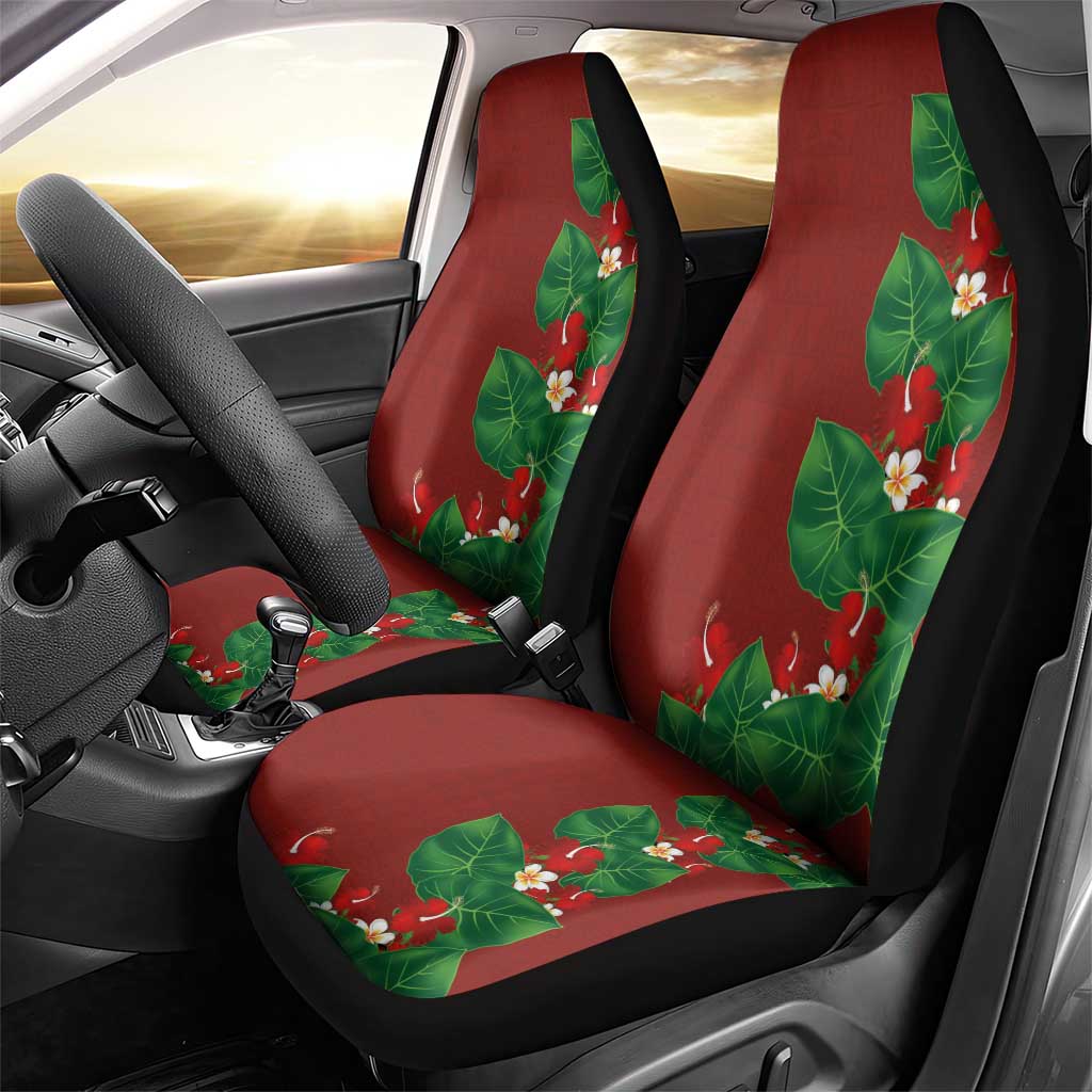 Hawaiian Taro Leaves-Hibiscus and Plumeria Car Seat Cover Polynesian Art-Kakau Tattoo Red