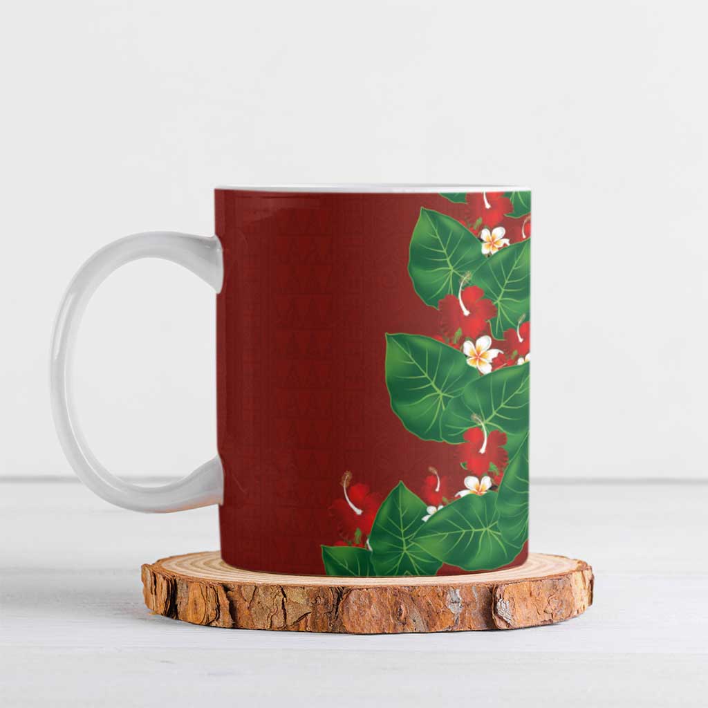 Hawaiian Taro Leaves-Hibiscus and Plumeria Ceramic Mug Polynesian Art-Kakau Tattoo Red LT03 Red - Polynesian Pride