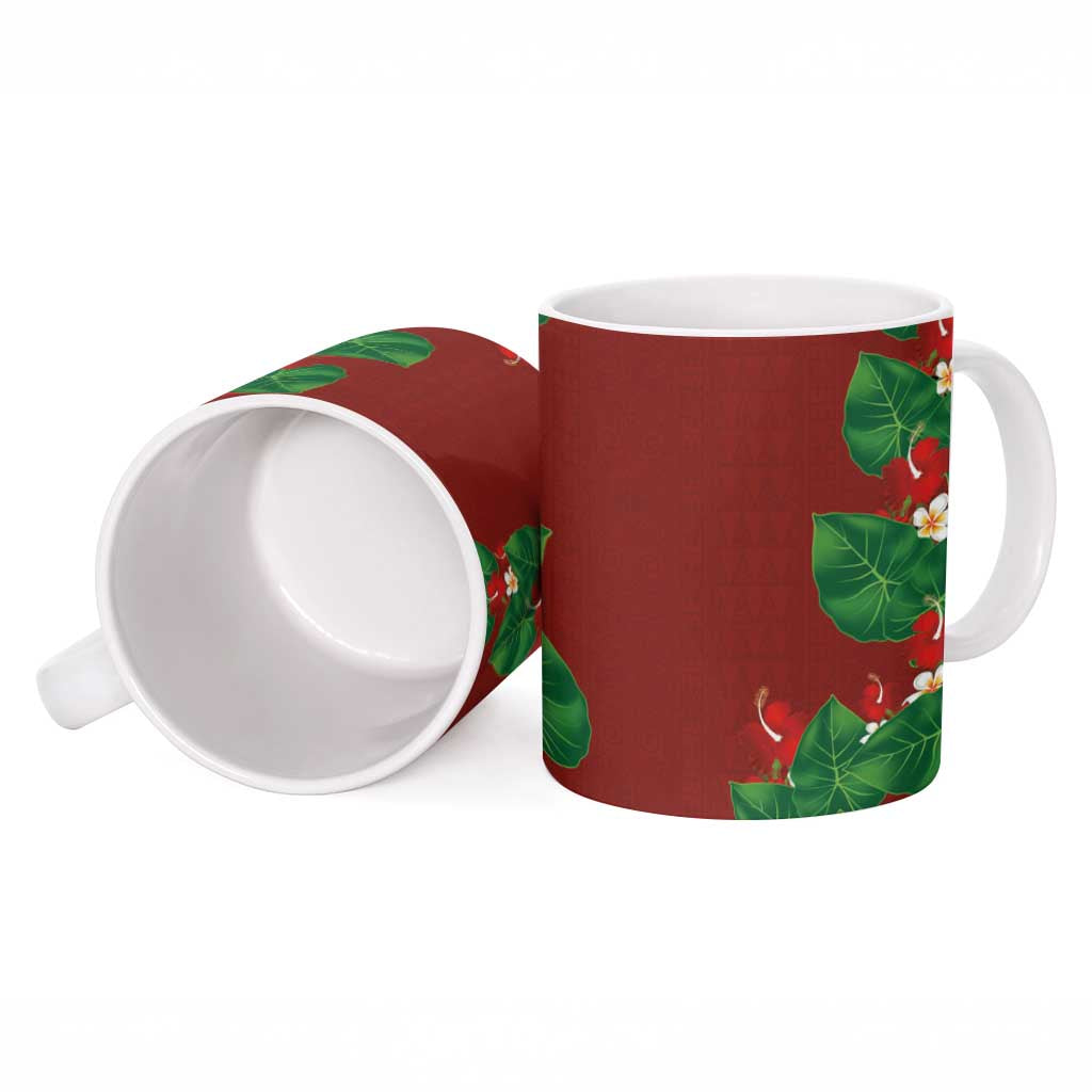 Hawaiian Taro Leaves-Hibiscus and Plumeria Ceramic Mug Polynesian Art-Kakau Tattoo Red LT03 - Polynesian Pride
