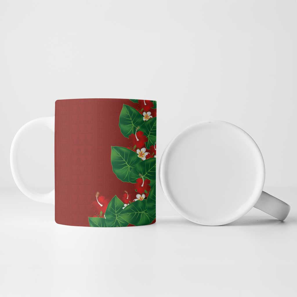 Hawaiian Taro Leaves-Hibiscus and Plumeria Ceramic Mug Polynesian Art-Kakau Tattoo Red LT03 - Polynesian Pride
