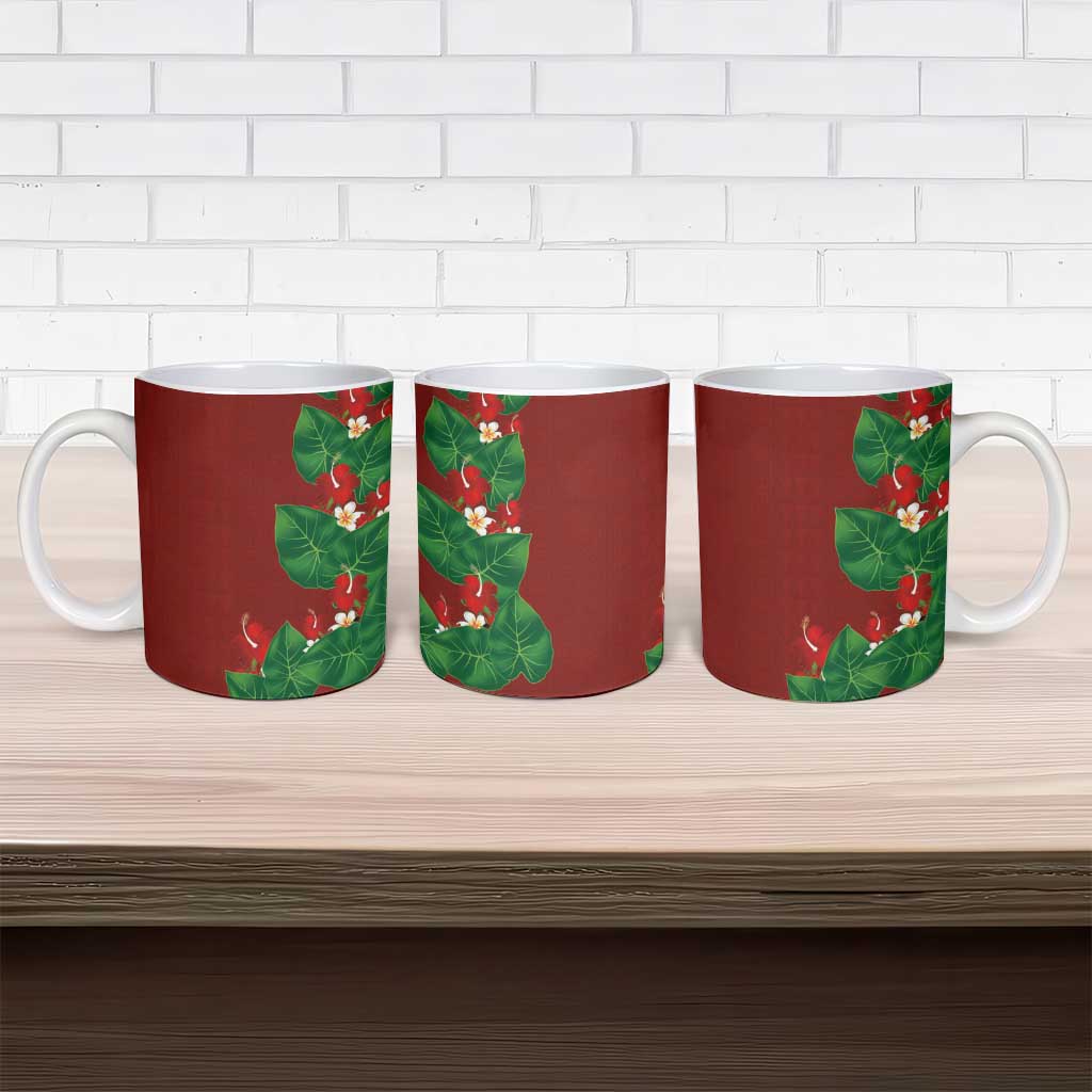 Hawaiian Taro Leaves-Hibiscus and Plumeria Ceramic Mug Polynesian Art-Kakau Tattoo Red LT03 - Polynesian Pride