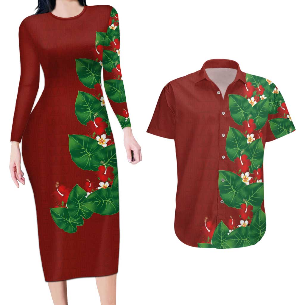 Hawaiian Taro Leaves-Hibiscus and Plumeria Couples Matching Long Sleeve Bodycon Dress and Hawaiian Shirt Polynesian Art-Kakau Tattoo Red