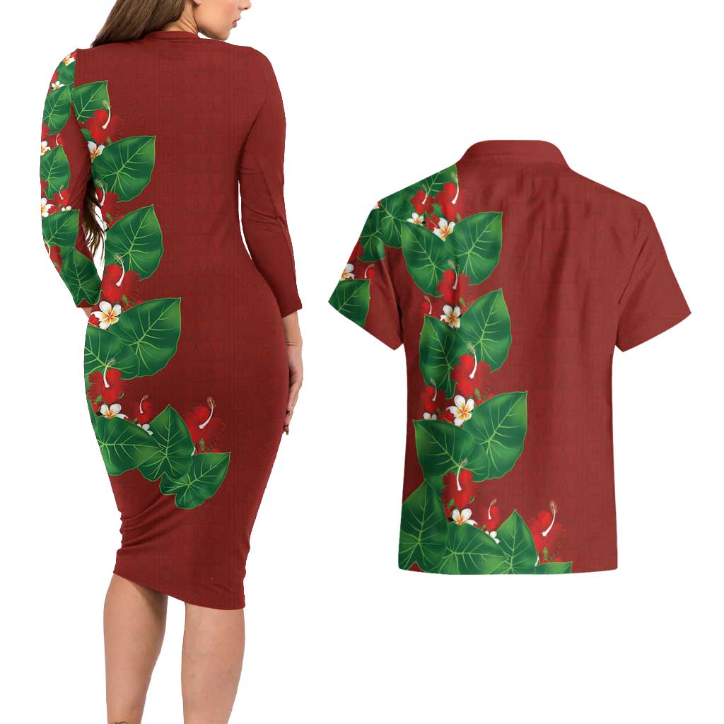 Hawaiian Taro Leaves-Hibiscus and Plumeria Couples Matching Long Sleeve Bodycon Dress and Hawaiian Shirt Polynesian Art-Kakau Tattoo Red